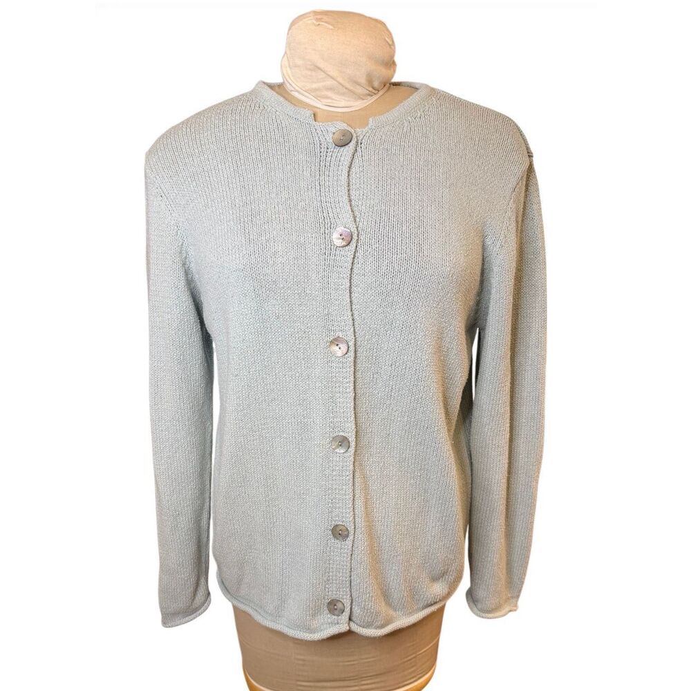 L.L. Bean Silk Blend Cardigan Light Blue LargeVintage Roll Hem Blue Button Up